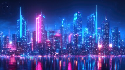Poster - Futuristic urban skyline with modern buildings bathed in neon lights and abstract digital effects, perfect for hi-tech and science concepts.