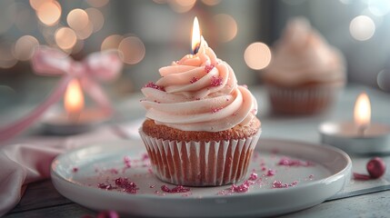 Poster - A celebratory pink frosted cupcake with a single candle, placed on a white plate with a bokeh background. Generative AI.