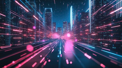 Poster - Futuristic city with panoramic urban architecture and glowing neon lights, emphasizing high-tech and digital technology concepts.