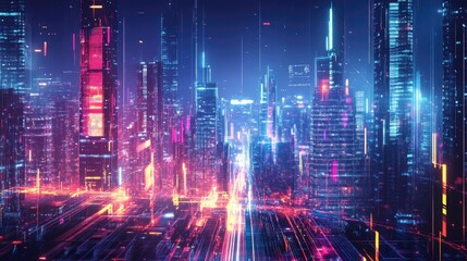Poster - Futuristic city with panoramic urban architecture and glowing neon lights, emphasizing high-tech and digital technology concepts.