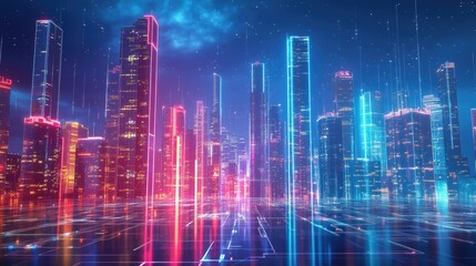 Poster - Futuristic urban skyline with modern buildings bathed in neon lights and abstract digital effects, perfect for hi-tech and science concepts.
