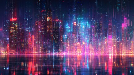 Poster - Futuristic urban skyline with modern buildings bathed in neon lights and abstract digital effects, perfect for hi-tech and science concepts.