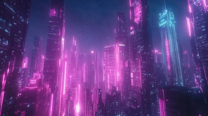 Poster - Futuristic city with panoramic urban architecture and glowing neon lights, emphasizing high-tech and digital technology concepts.