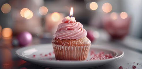 Poster - A celebratory pink frosted cupcake with a single candle, placed on a white plate with a bokeh background. Generative AI.