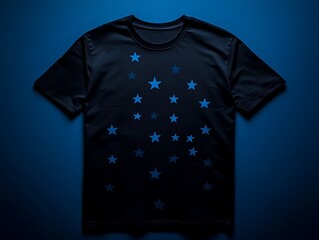 Wall Mural - Minimalist star pattern on a black t-shirt, solid dark blue bg.