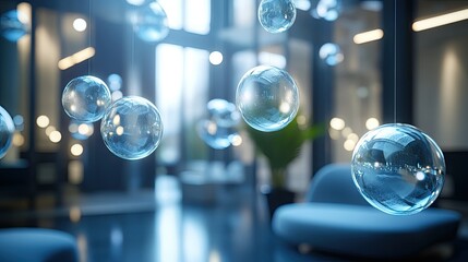 Poster - Group of bright, gleaming chat bubbles suspended in an elegant room, creating a high-tech ambiance for digital communication and interaction.