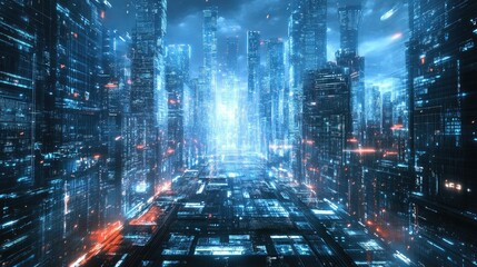 Poster - High-tech cityscape with modern architecture and neon light effects, presenting a panoramic view that emphasizes futuristic digital technology.
