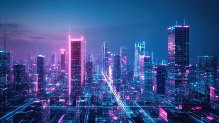 Poster - High-tech cityscape with modern architecture and neon light effects, presenting a panoramic view that emphasizes futuristic digital technology.