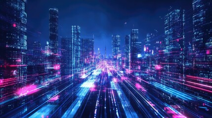 Poster - High-tech cityscape with modern architecture and neon light effects, presenting a panoramic view that emphasizes futuristic digital technology.