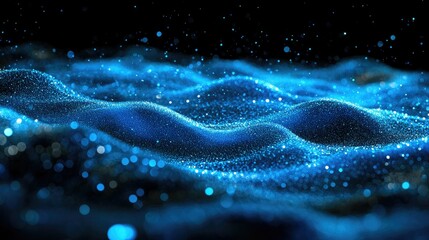 Leinwandbilder - Horizontal lines of glowing blue particles creating an undulating effect on a black background, perfect for illustrating abstract digital landscapes.