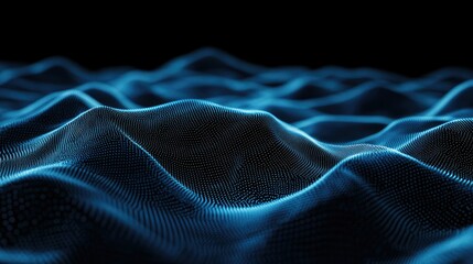 Poster - Horizontal lines of blue particles undulating across a black background, creating an abstract digital interface. Perfect for tech and communication visuals.