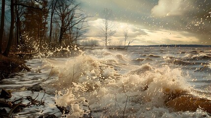 Wall Mural - Dramatic Waves Crashing on the Shoreline During a Golden Hour Storm