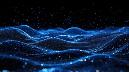 Poster - Horizontal lines of blue particles undulating across a black background, creating an abstract digital interface. Perfect for tech and communication visuals.