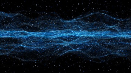 Poster - Horizontal lines of blue particles undulating across a black background, creating an abstract digital interface. Perfect for tech and communication visuals.