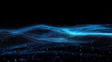 Leinwandbilder - Horizontal lines of glowing blue particles creating an undulating effect on a black background, perfect for illustrating abstract digital landscapes.