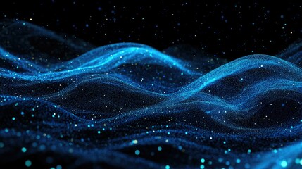 Leinwandbilder - Horizontal lines of glowing blue particles creating an undulating effect on a black background, perfect for illustrating abstract digital landscapes.