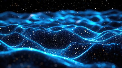 Leinwandbilder - Horizontal lines of glowing blue particles creating an undulating effect on a black background, perfect for illustrating abstract digital landscapes.