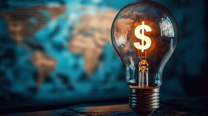 Poster - Light bulb with a dollar sign inside, rising electricity costs concept, global market impact depicted with world map in the background