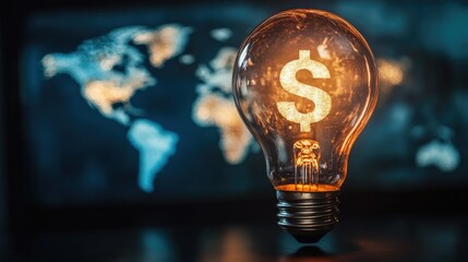 Poster - Light bulb with a dollar sign inside, rising electricity costs concept, global market impact depicted with world map in the background