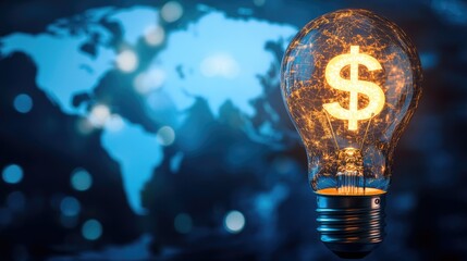 Poster - Light bulb with a dollar sign inside, rising electricity costs concept, global market impact depicted with world map in the background