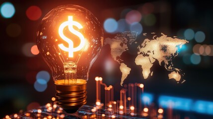 Poster - Light bulb with a dollar sign, surrounded by a rising graph and world map, symbolizing the increase in global electricity prices.
