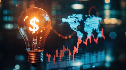 Poster - Light bulb with a dollar sign, surrounded by a rising graph and world map, symbolizing the increase in global electricity prices.