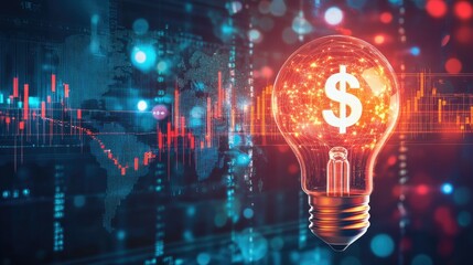 Poster - Light bulb with a dollar sign, surrounded by a rising graph and world map, symbolizing the increase in global electricity prices.