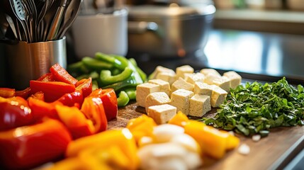 Canvas Print - Colorful Vegetable Chopping Board in a Cozy Kitchen