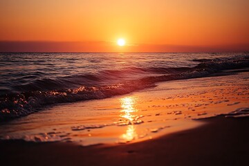 Wall Mural - Beautiful ocean waves crashing on sandy beach at sunset