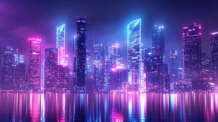 Poster - Modern urban architecture and cityscape bathed in neon light effects, creating a futuristic, hi-tech atmosphere. Ideal for science and technology themes.