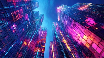 Poster - Modern urban architecture and cityscape bathed in neon light effects, creating a futuristic, hi-tech atmosphere. Ideal for science and technology themes.