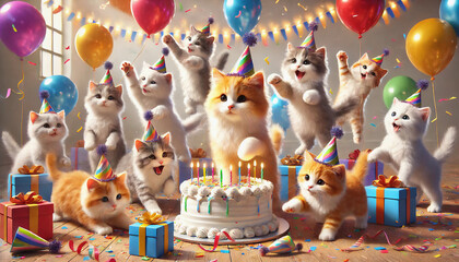 Playful cat-themed happy birthday backgrounds with 3D cake illustrations, ideal for greeting cards and high-quality stock imagery.