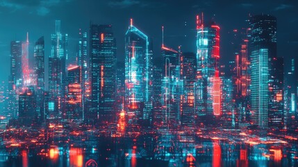 Poster - Panoramic cityscape featuring modern urban architecture with vibrant neon light effects. Futuristic technology and hi-tech science concept.