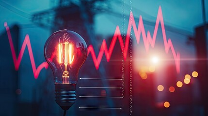Poster - Power lines and a light bulb with an upward graph overlay, symbolizing the rise in global electricity prices. Energy cost surge concept.