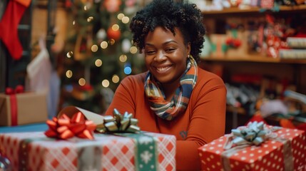 A happy black woman with curly hair wrapping holiday presents in a cozy Christmas and new year setting by colorful gifts, Christmas lights, and wreaths, capturing the warmth of the season