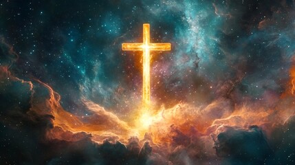 Wall Mural - A glowing golden cross in a starry nebula.