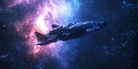 Poster - 3D illustration of a magnificent starry sci fi space scene featuring a spaceship in a cartoon rendering style