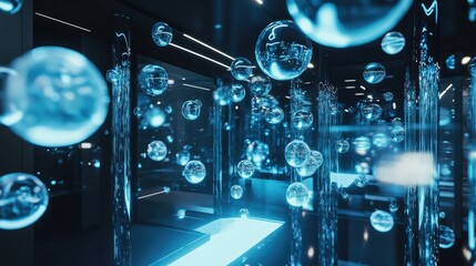 Poster - Room filled with floating, shiny chat bubbles, reflecting modern technology and digital messaging in a sophisticated environment.