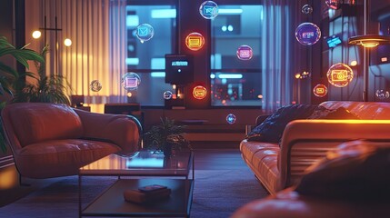 Poster - Room filled with floating, shiny chat bubbles, reflecting modern technology and digital messaging in a sophisticated environment.