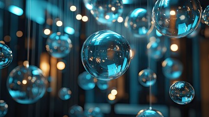 Poster - Room filled with floating, shiny chat bubbles, reflecting modern technology and digital messaging in a sophisticated environment.