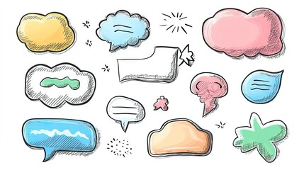 Fototapete - Set of balloon-style speech bubbles and message boxes with outline doodle designs and space for text. Perfect for social media and chat application visuals. -