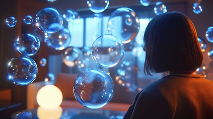 Poster - Room filled with floating, shiny chat bubbles, reflecting modern technology and digital messaging in a sophisticated environment.