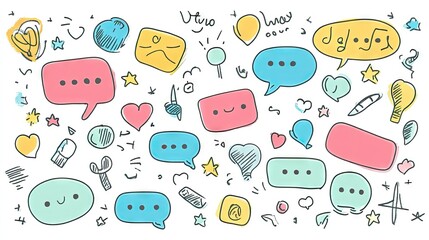 Fototapete - Set of balloon-style speech bubbles and message boxes with outline doodle designs and space for text. Perfect for social media and chat application visuals. -