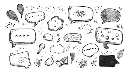Fototapete - Set of cartoon speech bubbles and message boxes with outline doodle designs and space for text. Perfect for illustrating conversations and digital communication. -