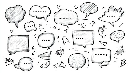 Fototapete - Set of cartoon speech bubbles and message boxes with outline doodle designs and space for text. Perfect for illustrating conversations and digital communication. -