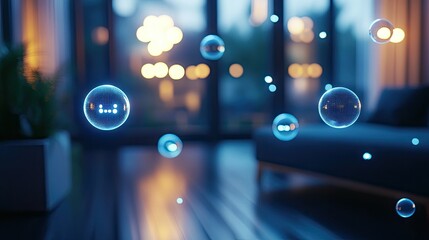 Poster - Shiny, floating chat bubbles in a sleek room environment, reflecting a clean and high-tech approach to digital interaction and messaging.