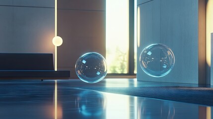 Poster - Shiny, floating chat bubbles in a sleek room environment, reflecting a clean and high-tech approach to digital interaction and messaging.