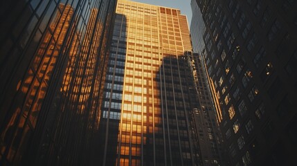 Sunlit skyscraper with reflective windows, casting shadows on the surrounding area.