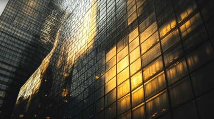 Poster - Sunlit skyscraper with reflective windows, casting shadows on the surrounding area.