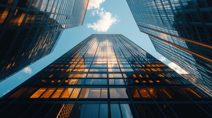 Poster - Sunlit skyscraper with reflective windows, casting shadows on the surrounding area.
